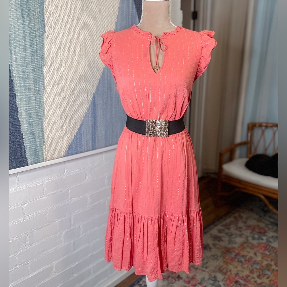 Papaya Coral and Gold Thread Ruffle Shoulder Dress